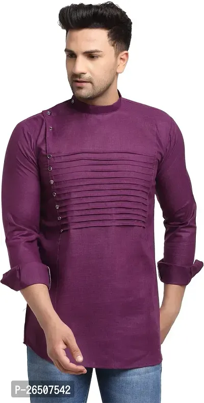 Reliable Purple Cotton Blend Solid Hip Length Kurta For Men