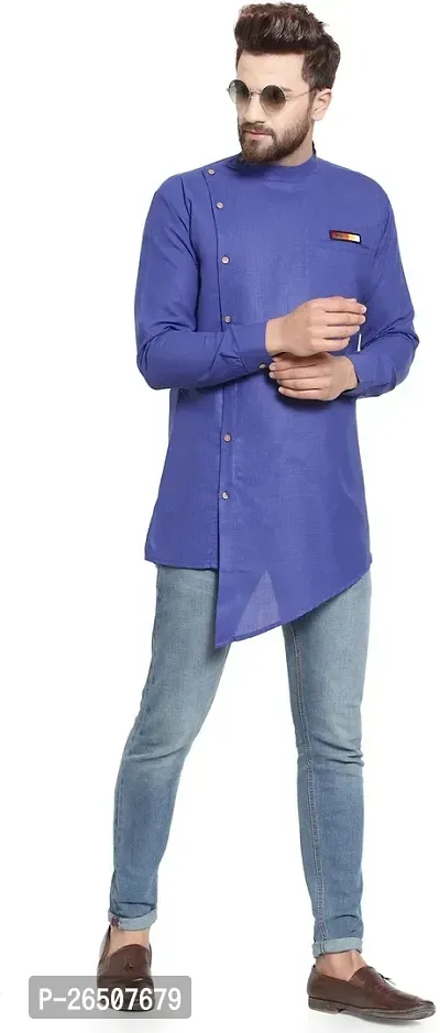 Reliable Blue Cotton Blend Solid Short Length Kurta For Men