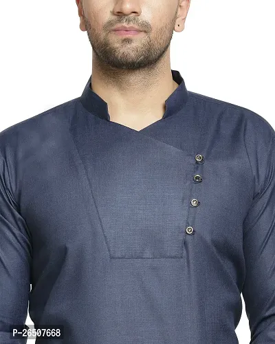 Reliable Navy Blue Cotton Blend Solid Hip Length Kurta For Men-thumb4