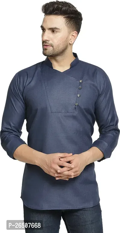 Reliable Navy Blue Cotton Blend Solid Hip Length Kurta For Men-thumb0
