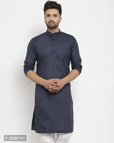 Reliable Navy Blue Cotton Blend Solid Knee Length Kurta For Men