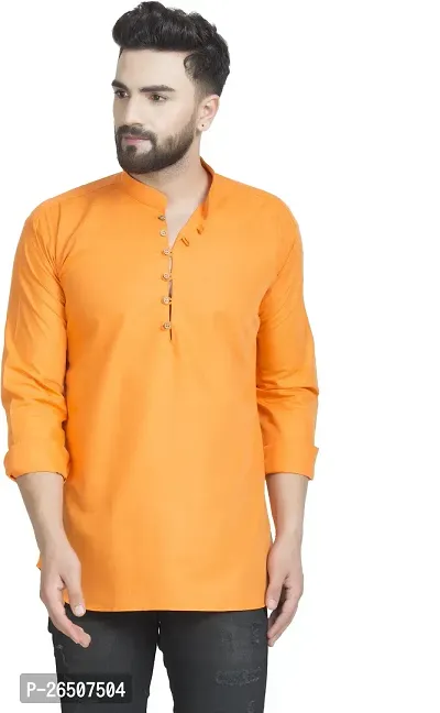 Reliable Orange Cotton Blend Solid Hip Length Kurta For Men