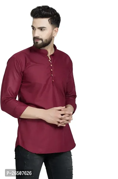 Reliable Maroon Cotton Blend Solid Hip Length Kurta For Men-thumb3