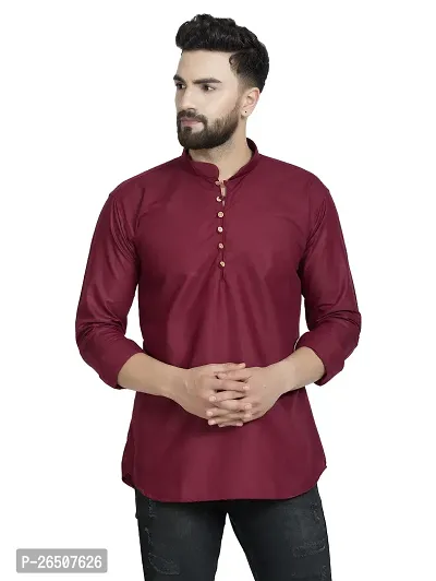 Reliable Maroon Cotton Blend Solid Hip Length Kurta For Men