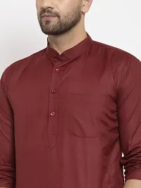 Reliable Maroon Cotton Blend Solid Knee Length Kurta For Men-thumb3