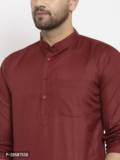 Reliable Maroon Cotton Blend Solid Knee Length Kurta For Men-thumb4