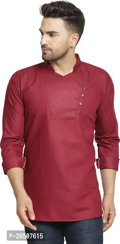 Reliable Maroon Cotton Blend Solid Hip Length Kurta For Men