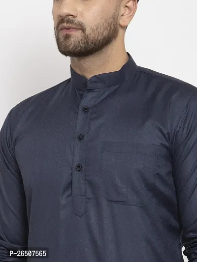 Reliable Navy Blue Cotton Blend Solid Knee Length Kurta For Men-thumb4