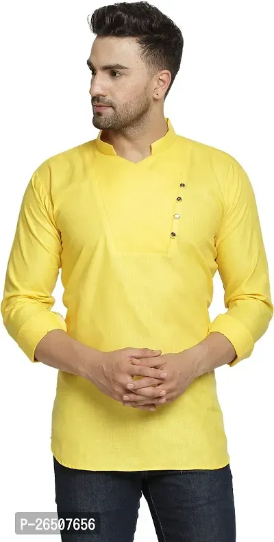 Reliable Yellow Cotton Blend Solid Hip Length Kurta For Men