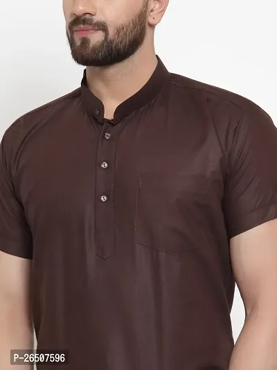 Reliable Brown Cotton Blend Solid Hip Length Kurta For Men-thumb4