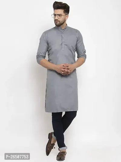 Reliable Grey Cotton Blend Solid Knee Length Kurta For Men