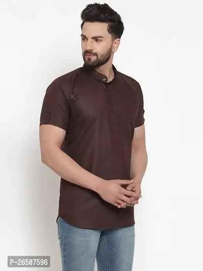 Reliable Brown Cotton Blend Solid Hip Length Kurta For Men-thumb3