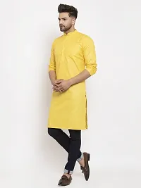 Reliable Yellow Cotton Blend Solid Knee Length Kurta For Men-thumb3