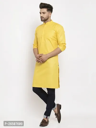 Reliable Yellow Cotton Blend Solid Knee Length Kurta For Men-thumb4