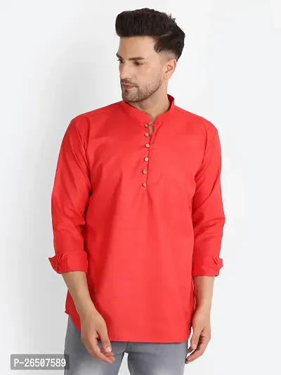 Reliable Red Cotton Blend Solid Hip Length Kurta For Men