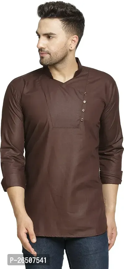 Reliable Brown Cotton Blend Solid Hip Length Kurta For Men-thumb0