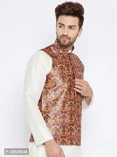 Reliable Brown Silk Blend Printed Nehru Jacket For Men-thumb3