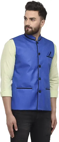 Reliable Blue Jute Blend Self Pattern Nehru Jacket For Men-thumb2