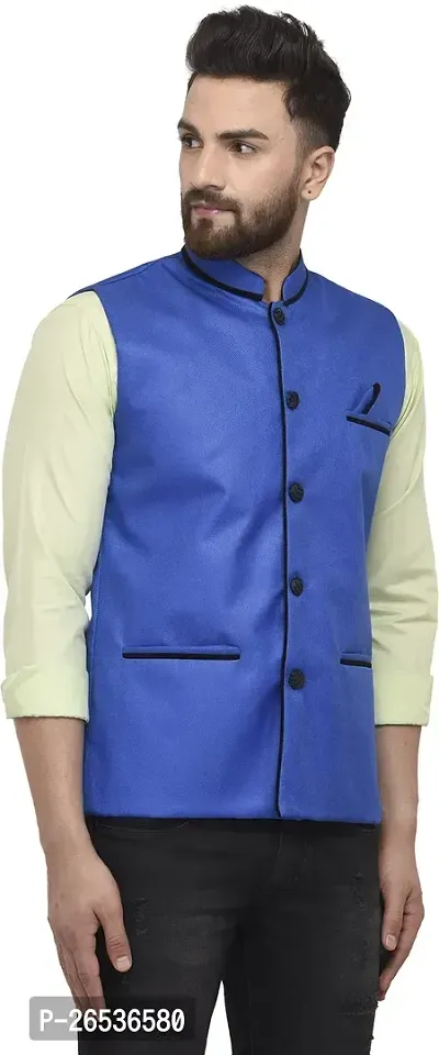 Reliable Blue Jute Blend Self Pattern Nehru Jacket For Men-thumb3