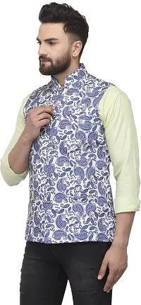 Reliable Blue Cotton Blend Printed Nehru Jacket For Men-thumb2