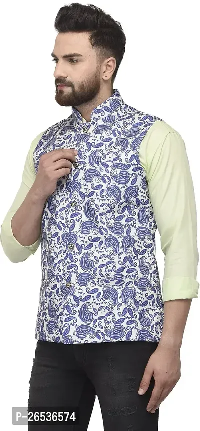 Reliable Blue Cotton Blend Printed Nehru Jacket For Men-thumb3