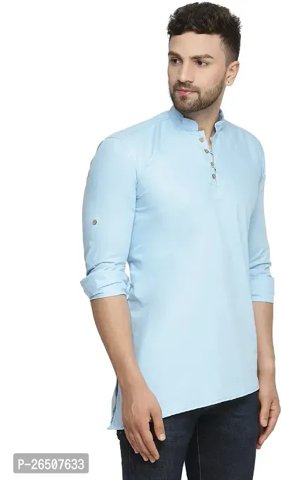 Reliable Blue Cotton Blend Solid Hip Length Kurta For Men-thumb4