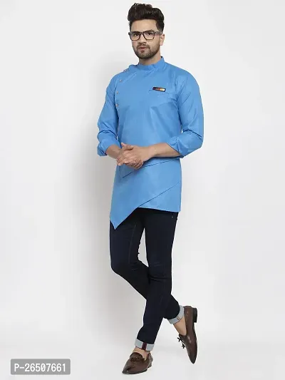 Reliable Blue Cotton Blend Solid Short Length Kurta For Men-thumb4