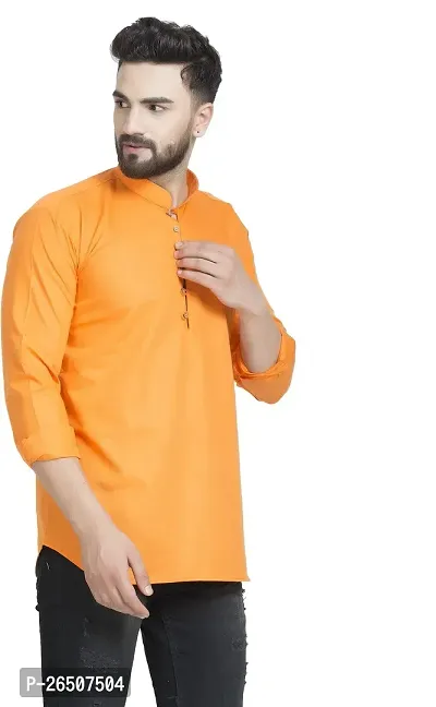 Reliable Orange Cotton Blend Solid Hip Length Kurta For Men-thumb3