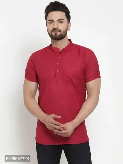 Reliable Maroon Cotton Blend Solid Hip Length Kurta For Men