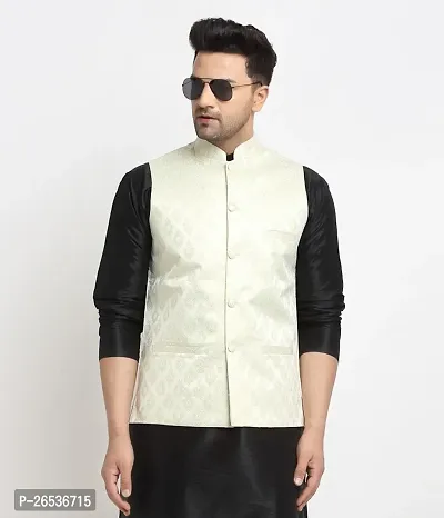 Reliable Beige Jacquard Woven Design Nehru Jacket For Men-thumb0