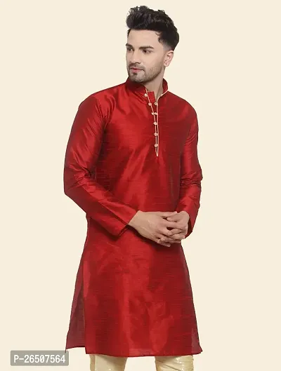 Reliable Maroon Silk Blend Solid Knee Length Kurta For Men-thumb3