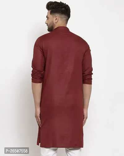 Reliable Maroon Cotton Blend Solid Knee Length Kurta For Men-thumb2