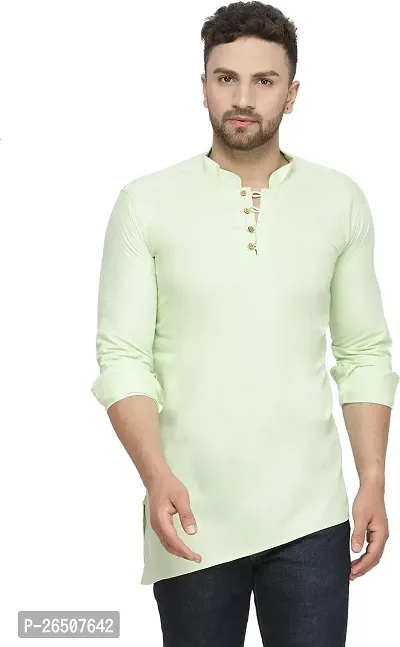 Reliable Green Cotton Blend Solid Hip Length Kurta For Men