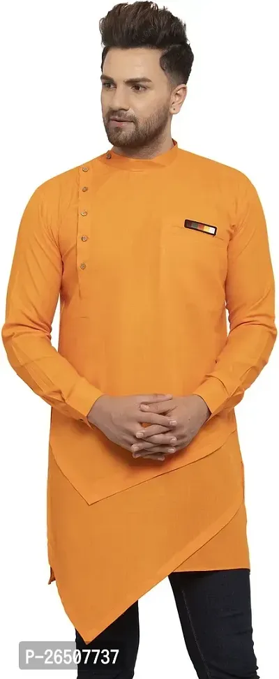 Reliable Orange Cotton Blend Solid Hip Length Kurta For Men