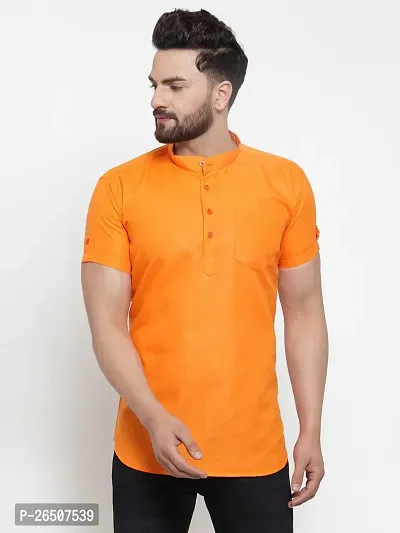 Reliable Orange Cotton Blend Solid Hip Length Kurta For Men