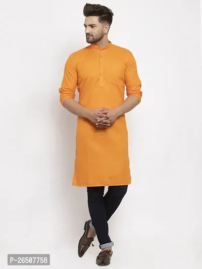 Reliable Orange Cotton Blend Solid Knee Length Kurta For Men