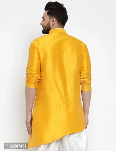Reliable Yellow Silk Blend Solid Hip Length Kurta For Men-thumb2