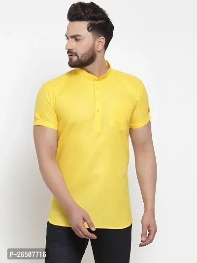 Reliable Yellow Cotton Blend Solid Hip Length Kurta For Men-thumb0