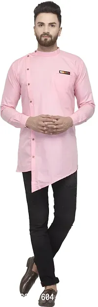 Reliable Pink Cotton Blend Solid Hip Length Kurta For Men-thumb4