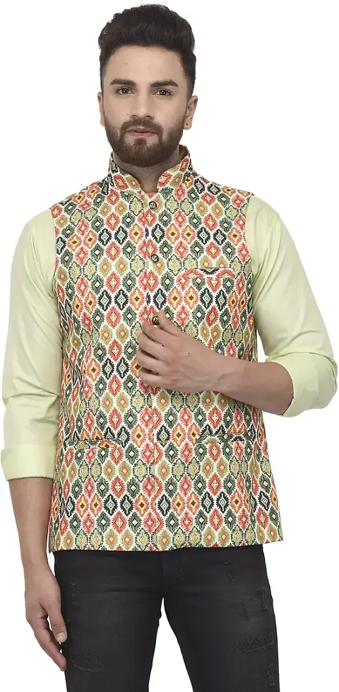 Reliable Multicoloured Satin Printed Nehru Jacket For Men
