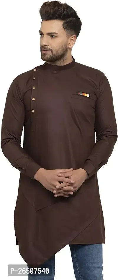 Reliable Brown Cotton Blend Solid Hip Length Kurta For Men-thumb0