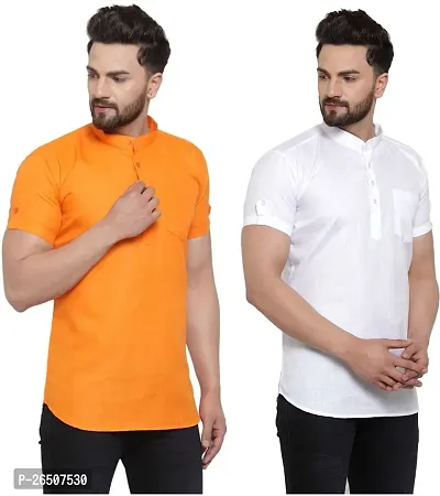 Reliable Cotton Blend Solid Hip Length Kurta For Men Pack Of 2