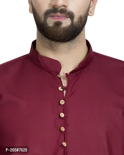 Reliable Maroon Cotton Blend Solid Hip Length Kurta For Men-thumb4