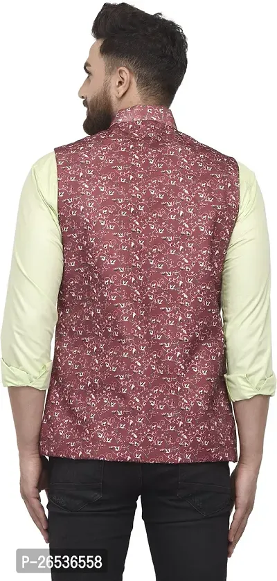 Reliable Maroon Cotton Blend Printed Nehru Jacket For Men-thumb2