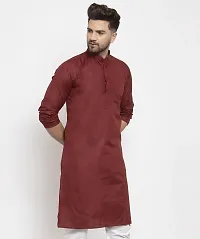 Reliable Maroon Cotton Blend Solid Knee Length Kurta For Men-thumb2