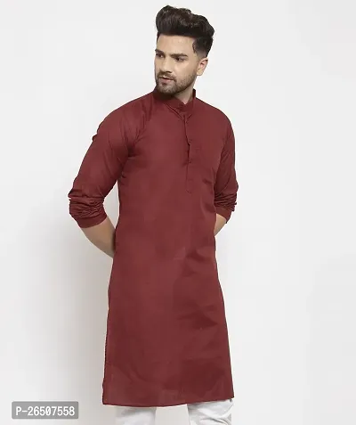 Reliable Maroon Cotton Blend Solid Knee Length Kurta For Men-thumb3