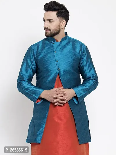 Reliable Blue Silk Self Pattern Nehru Jacket For Men