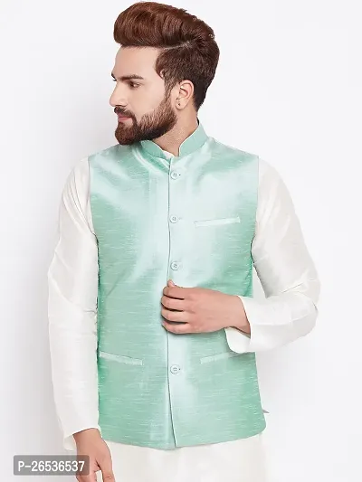 Reliable Green Silk Self Pattern Nehru Jacket For Men