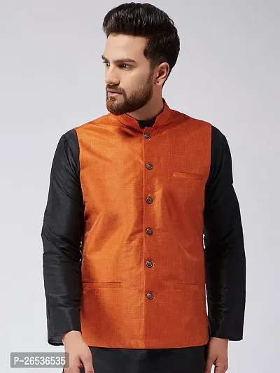 Reliable Orange Silk Self Pattern Nehru Jacket For Men