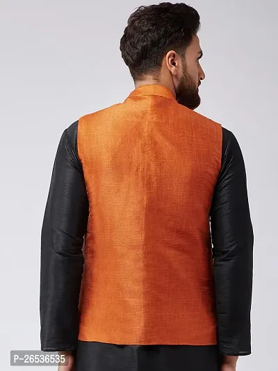 Reliable Orange Silk Self Pattern Nehru Jacket For Men-thumb2